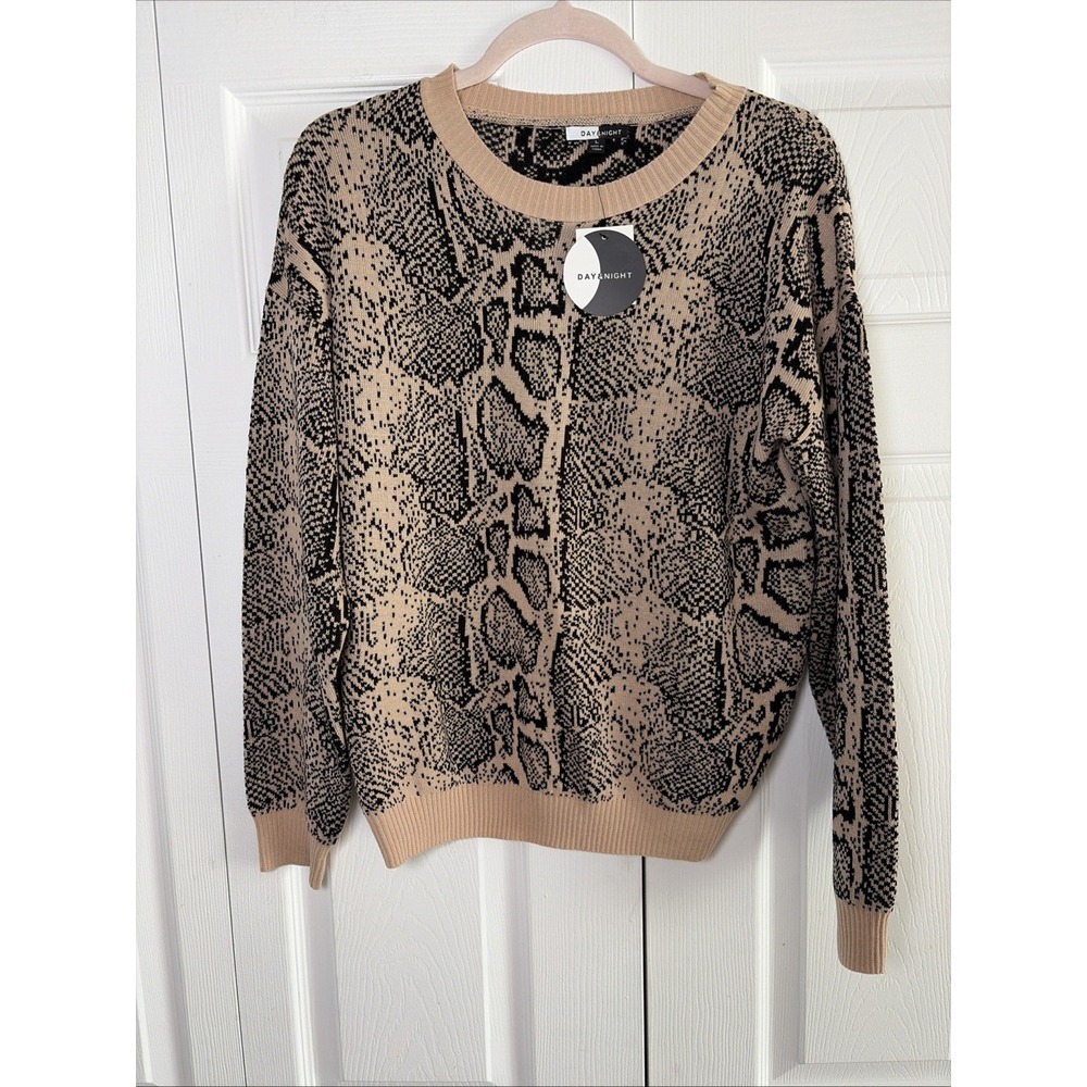 Day & Night Snakeskin Crewneck Sweater Womens Size L Tan Black Animal Print